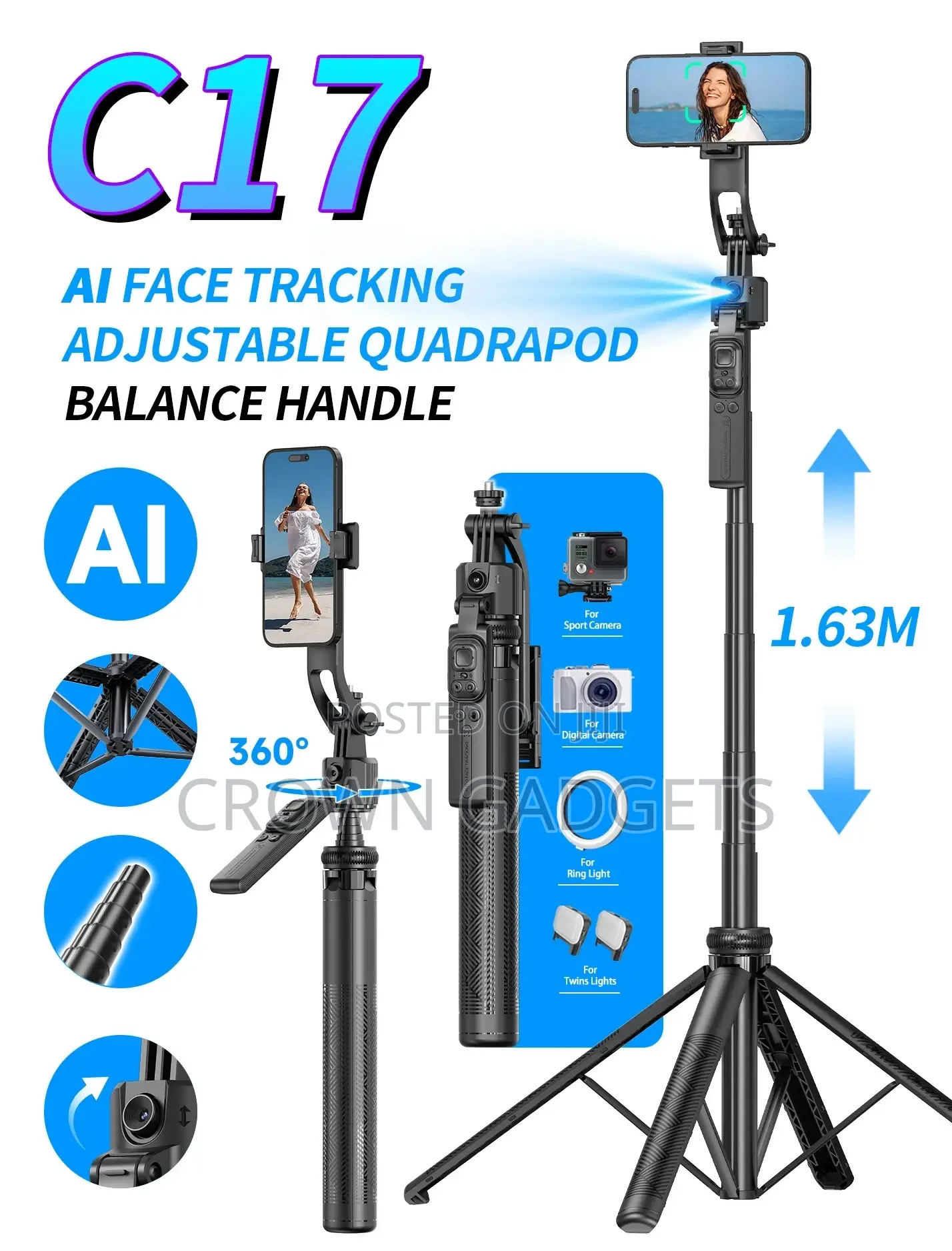 C17 Smart Ai Selfie Stick Tripod 3-in-1 Face Tracking