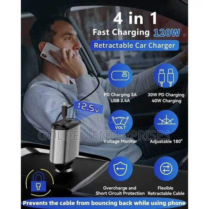 Multi-Port Car Charger With Type-C, Usb Fast Charge, Voltage Display