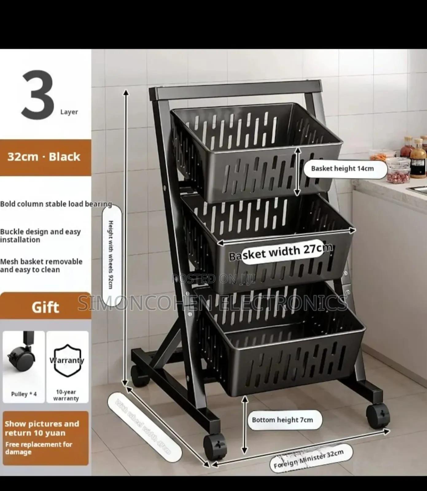 3 Tier Multi- Functional Steel Vegetable Fruit Rack With Wheels