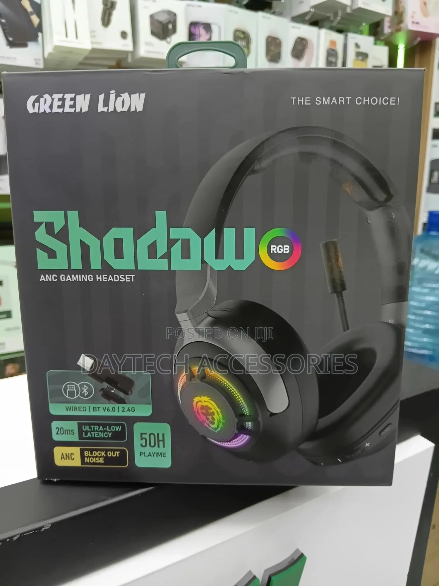 These Are Green Lion Shadow Anc Gaming Headsets in Black.