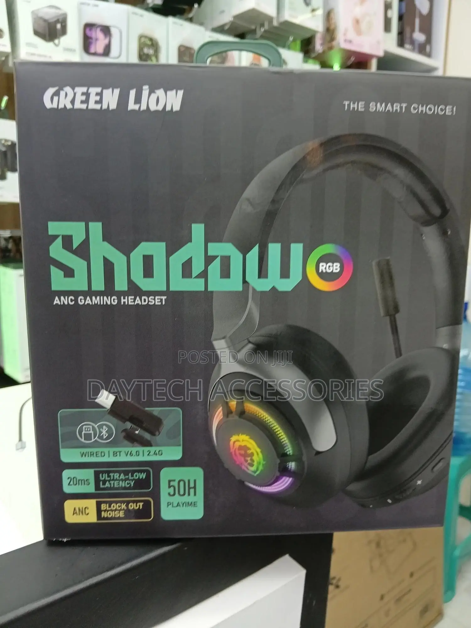 These Are Green Lion Shadow Anc Gaming Headsets in Black.