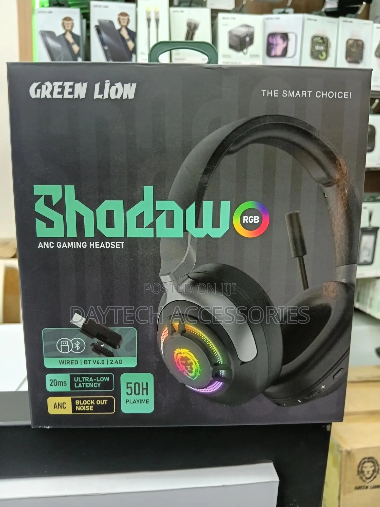 These Are Green Lion Shadow Anc Gaming Headsets in Black.