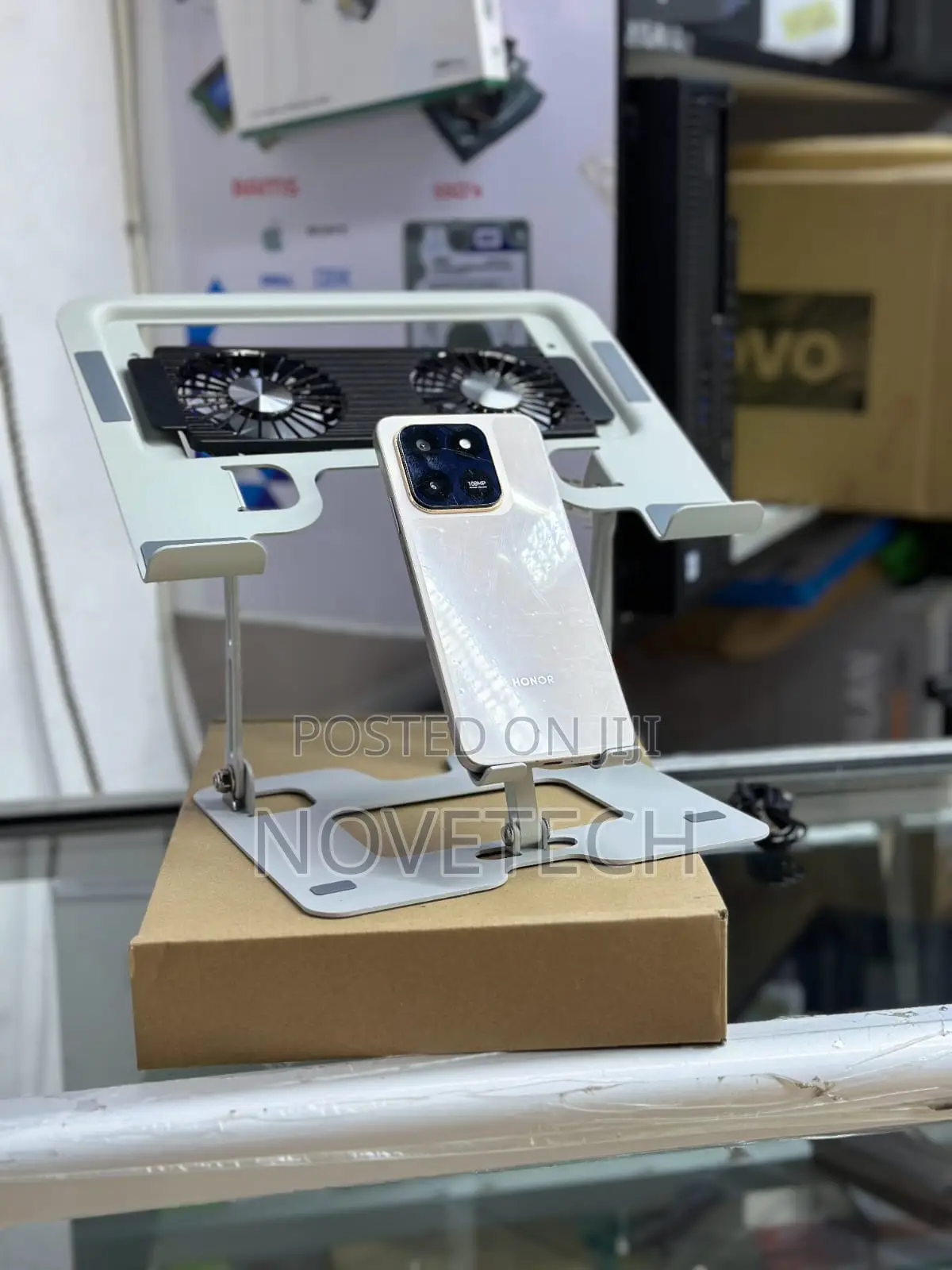 Ergonomic 2-in-1 Laptop Phone Stand With Fan, Adjustable Riser