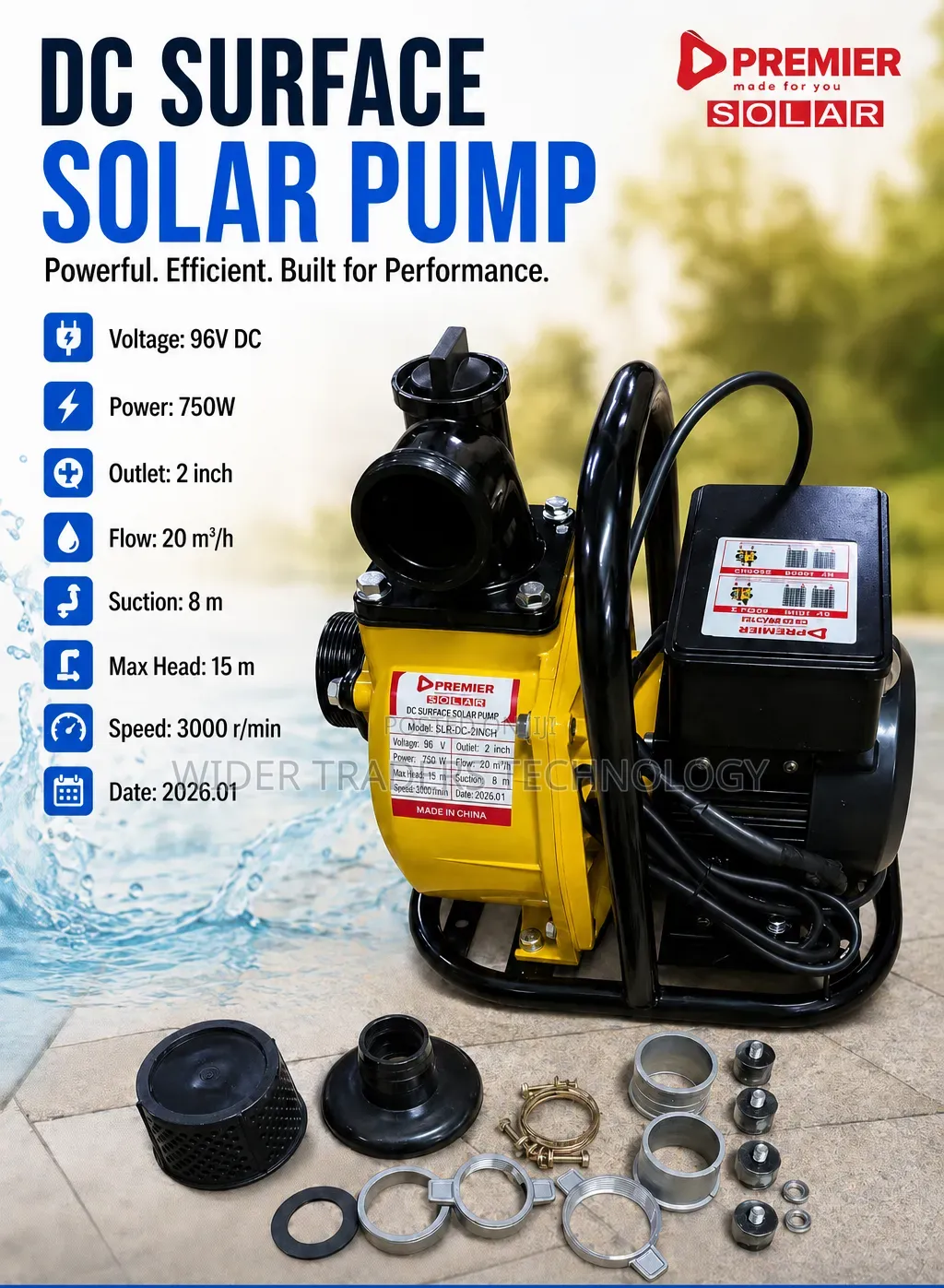 Premier Dc Surface Solar Pump Rated at 750 Watts.