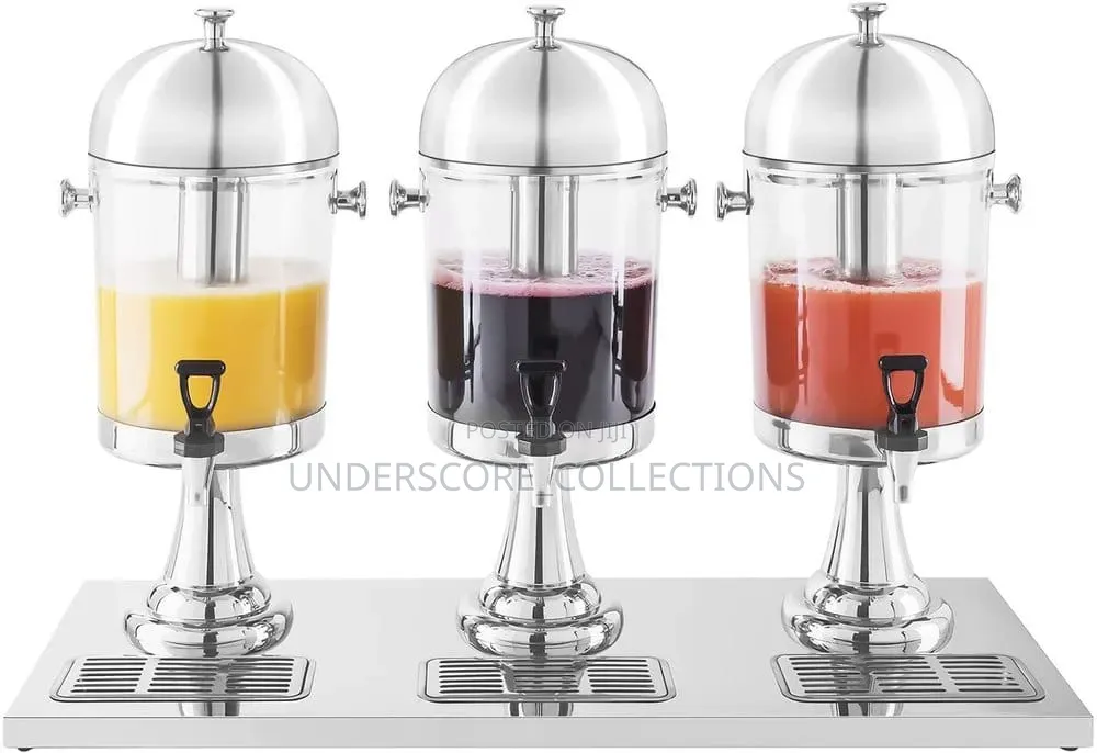 Triple Acrylic Juice Dispenser With Stainless Steel Stand and Cover