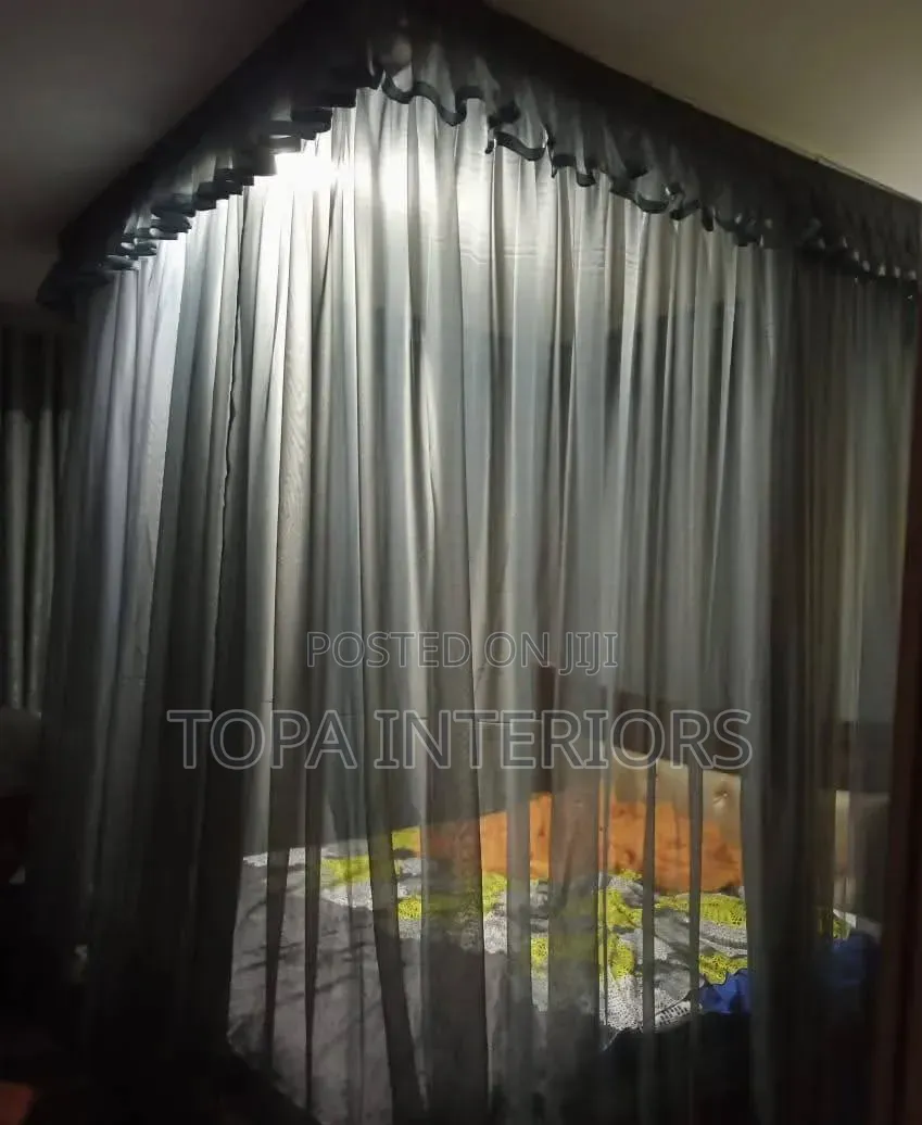 4x6 Grey Custom Made Ceiling Mounted Mosquito Net Curtains With Rails