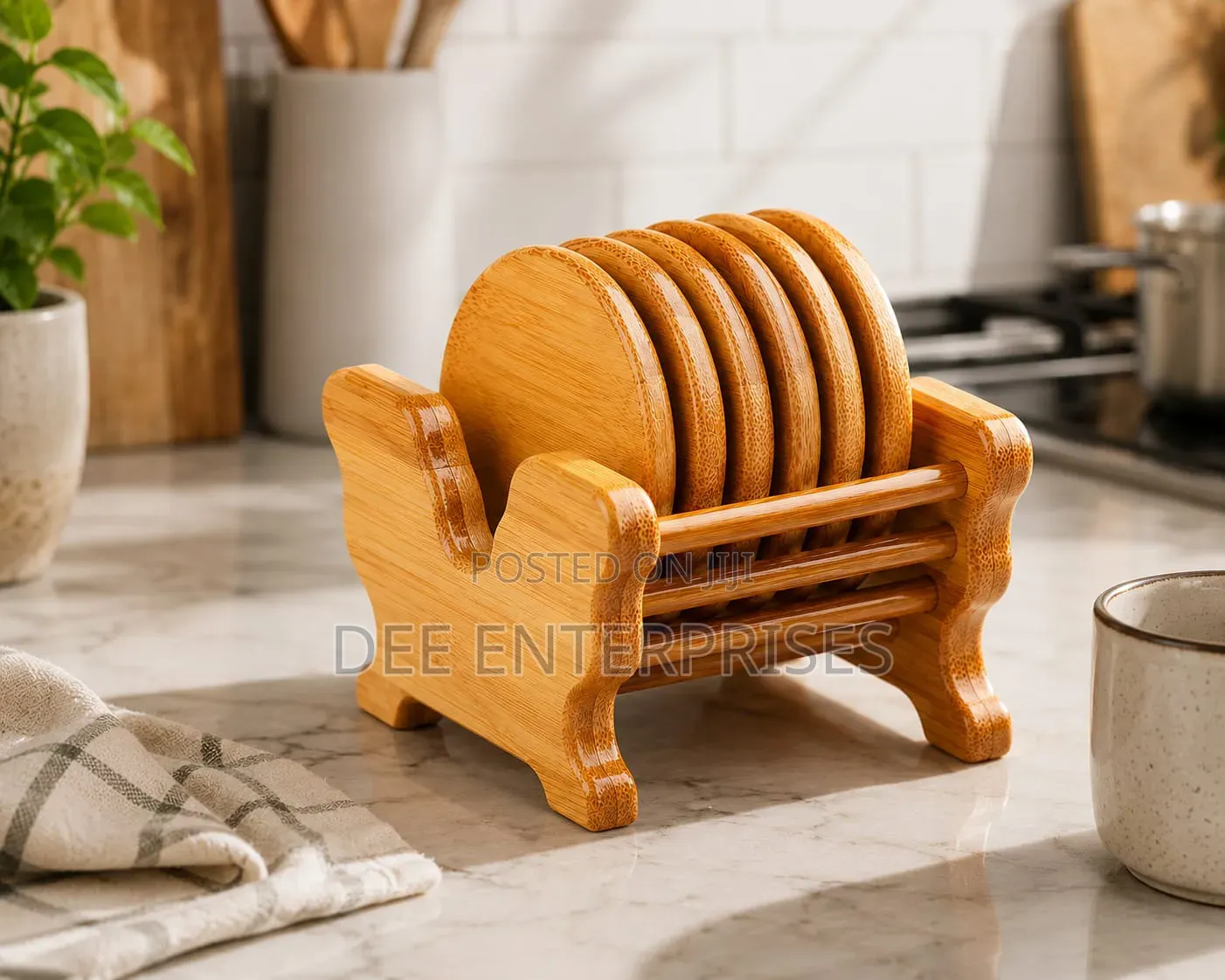 6pcs Bamboo Coaster Set With a Holder Stand