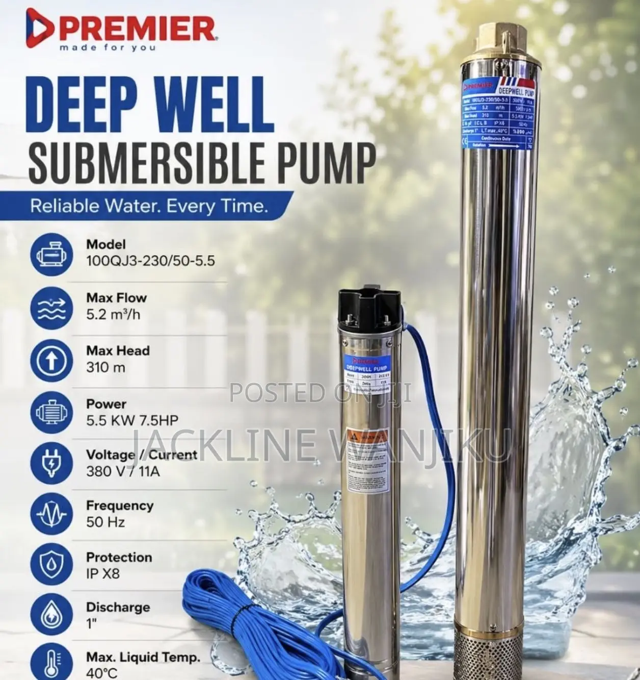Deep Well Submersible Water Pump 310m Head 7hp/7.5hp Submersible Pump