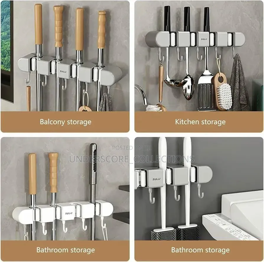 *4-Holes Multi-Purpose Hooks Mop Hanger With Self Adhesive Stickers*