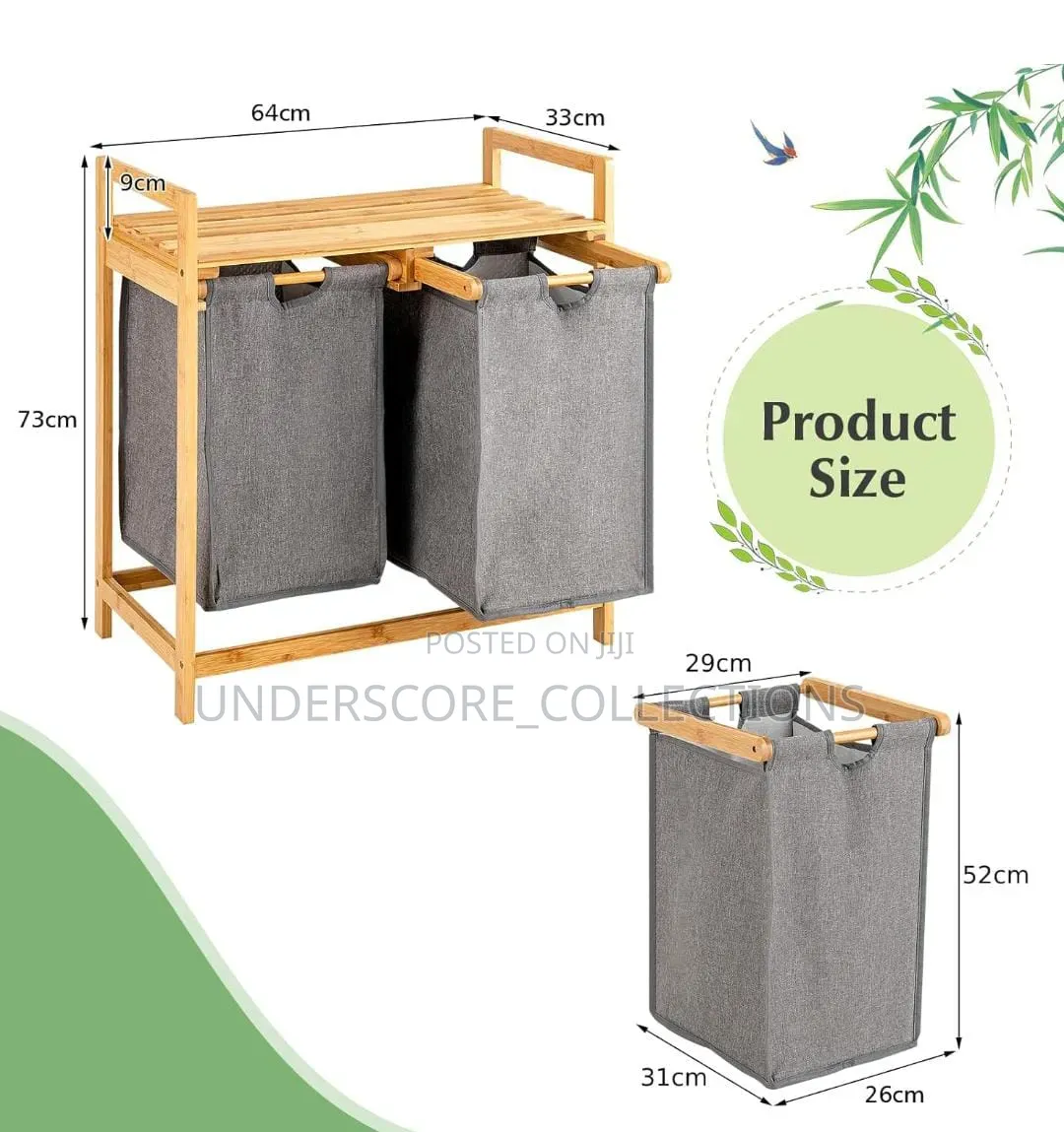 Bamboo Twin Partition Laundry Organizer With Storage Shelf