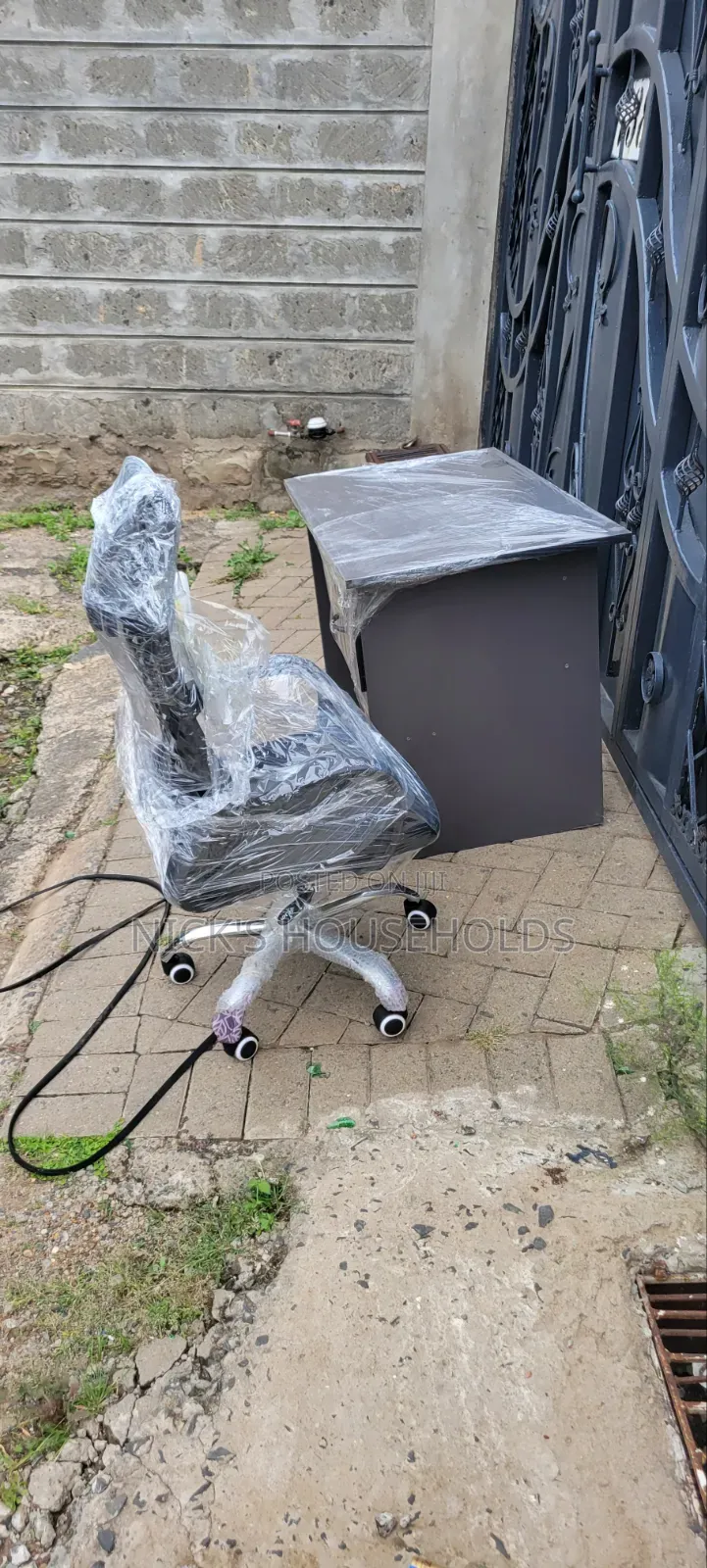 Gray Office Desk With Office Chair With Headrest Set