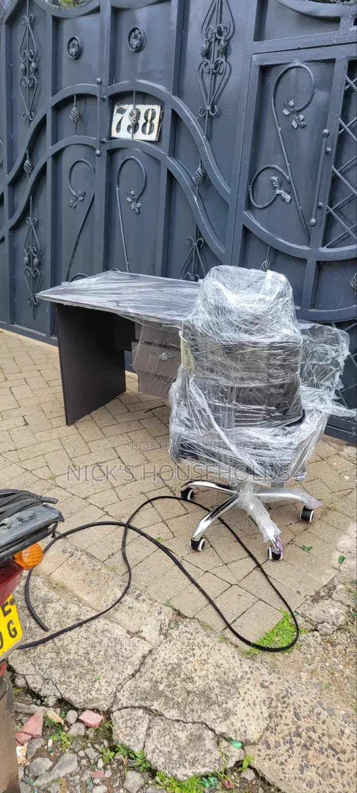 Gray Office Desk With Office Chair With Headrest Set