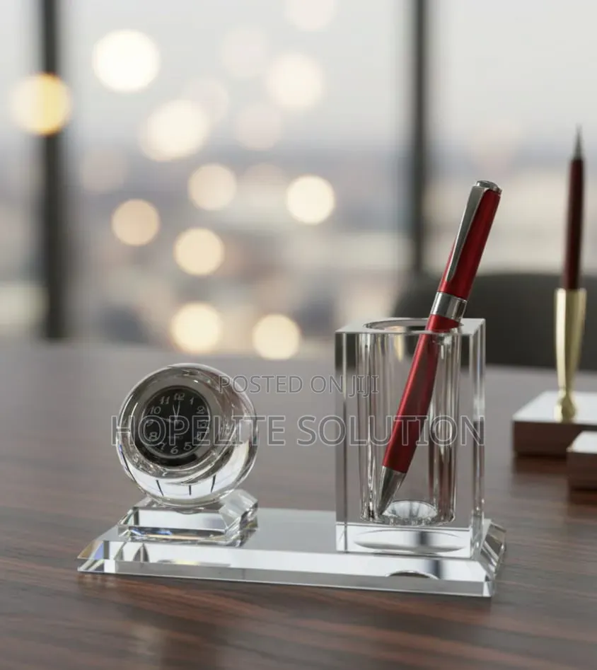Crystal Glass Desktop Clock and Pen Holder
