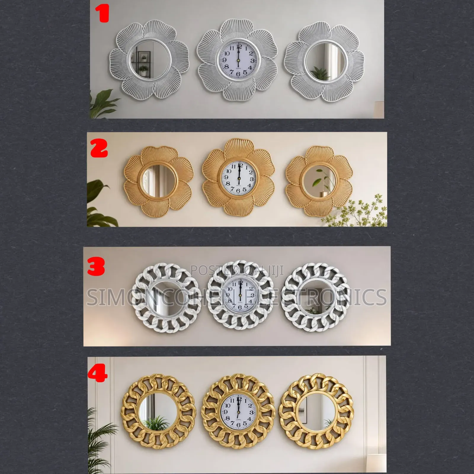 3pc Wall Clock Set With Mirror Decor