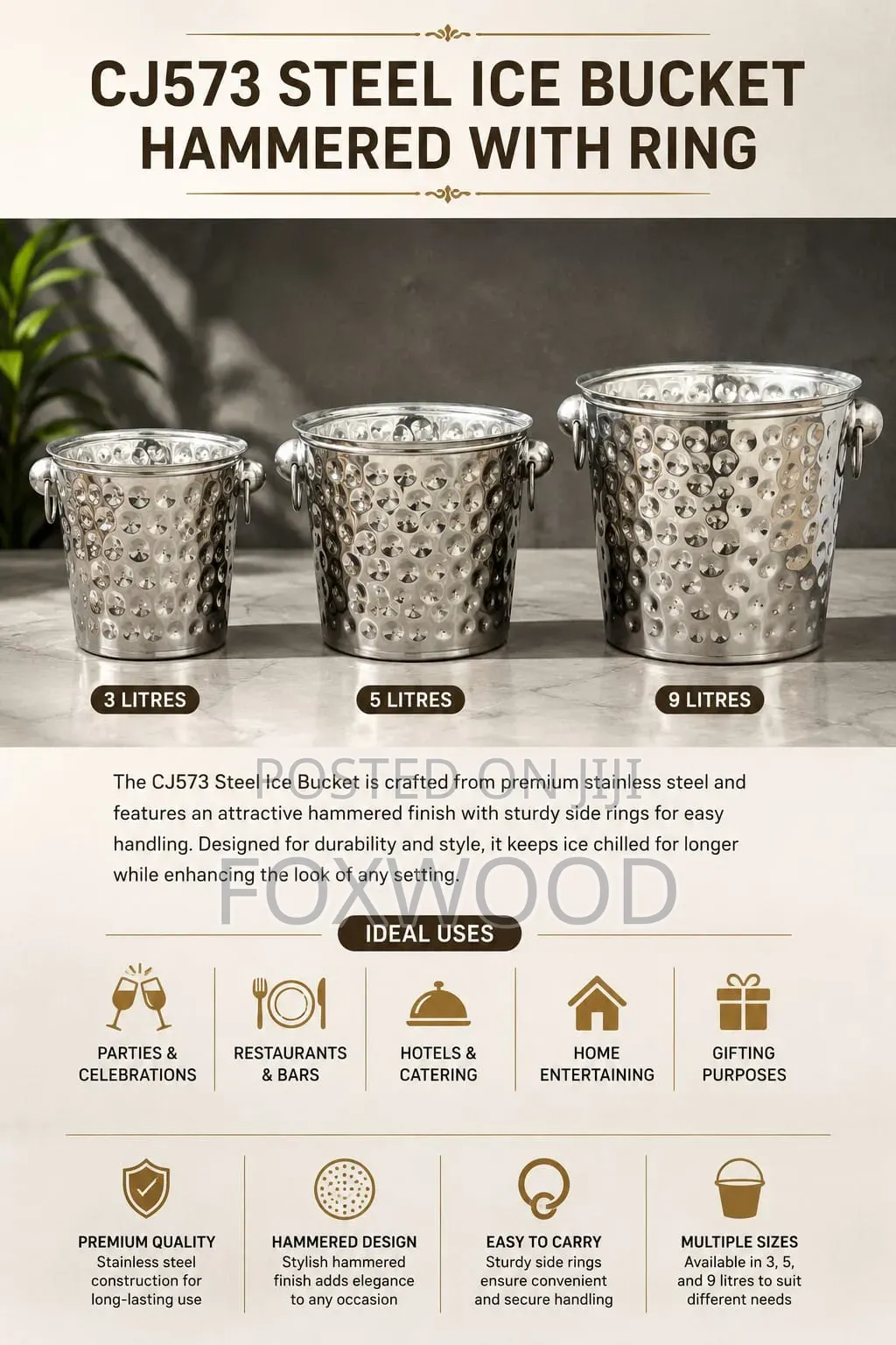 Large Capacity Stainless Steel Ice Bucket 3l