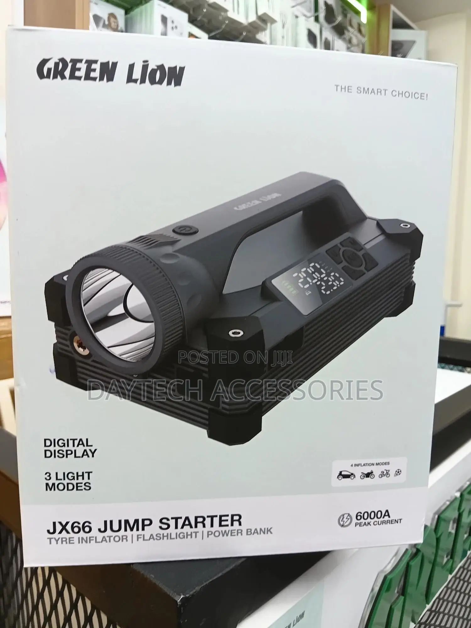 Green Lion Jump Starter With Tyre Inflator, Flashlight Power Bank