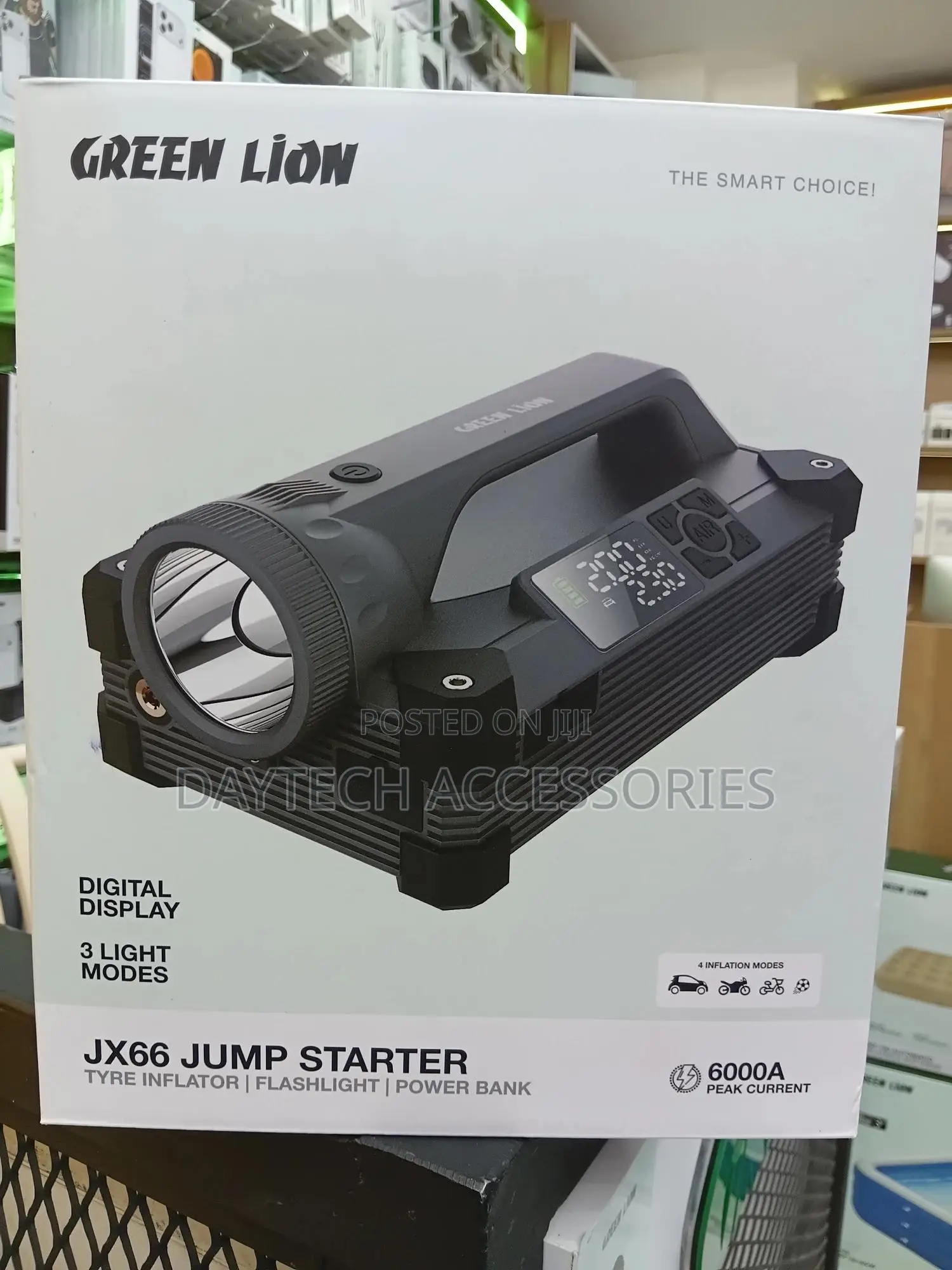 Green Lion Jump Starter With Tyre Inflator, Flashlight Power Bank