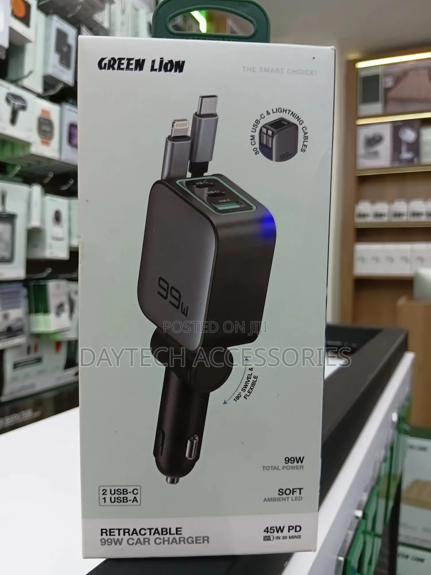 This Is a Green Lion 99w Retractable Car Charger.