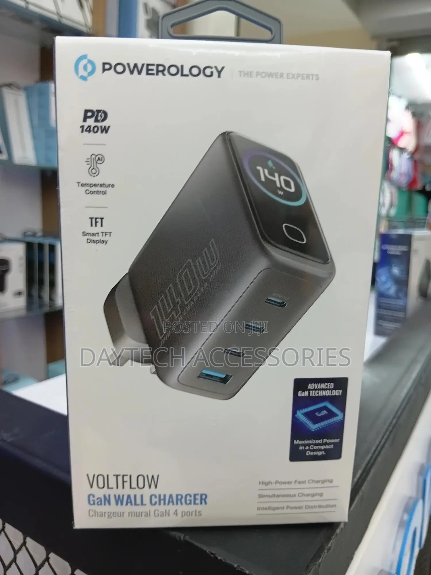 Powerology Voltflow 140w Gan Wall Charger Featuring Smart TFT Display