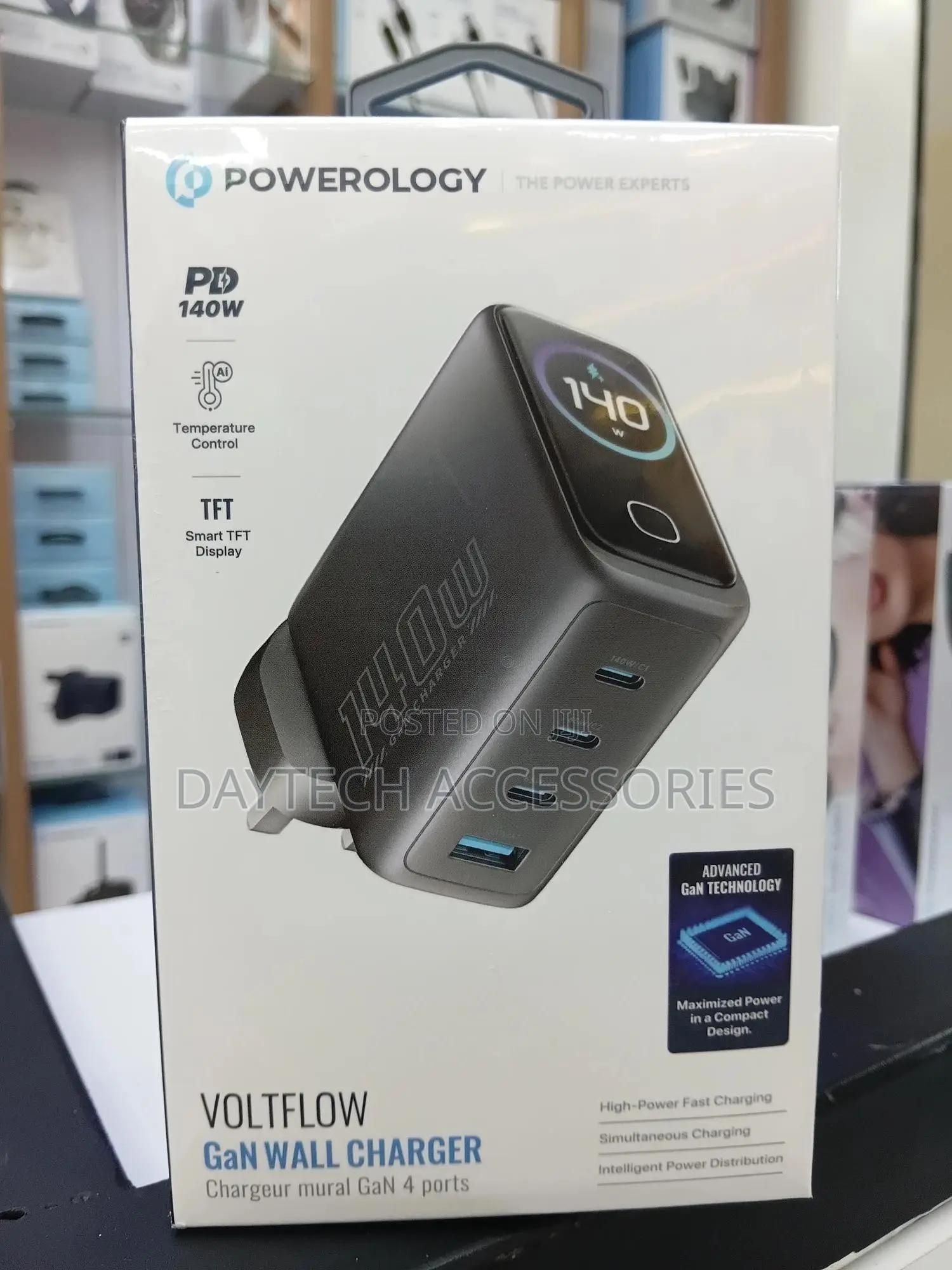 Powerology Voltflow 140w Gan Wall Charger Featuring Smart TFT Display