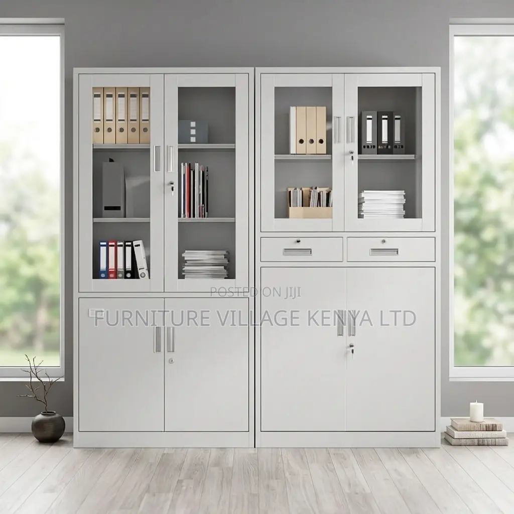 2-Door White Steel Glass Front Display File Cabinet
