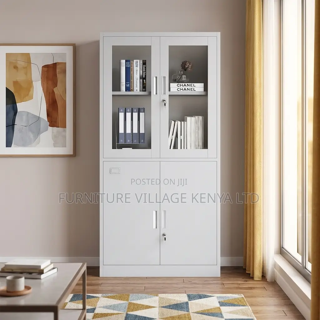 2-Door White Steel Glass Front Display File Cabinet