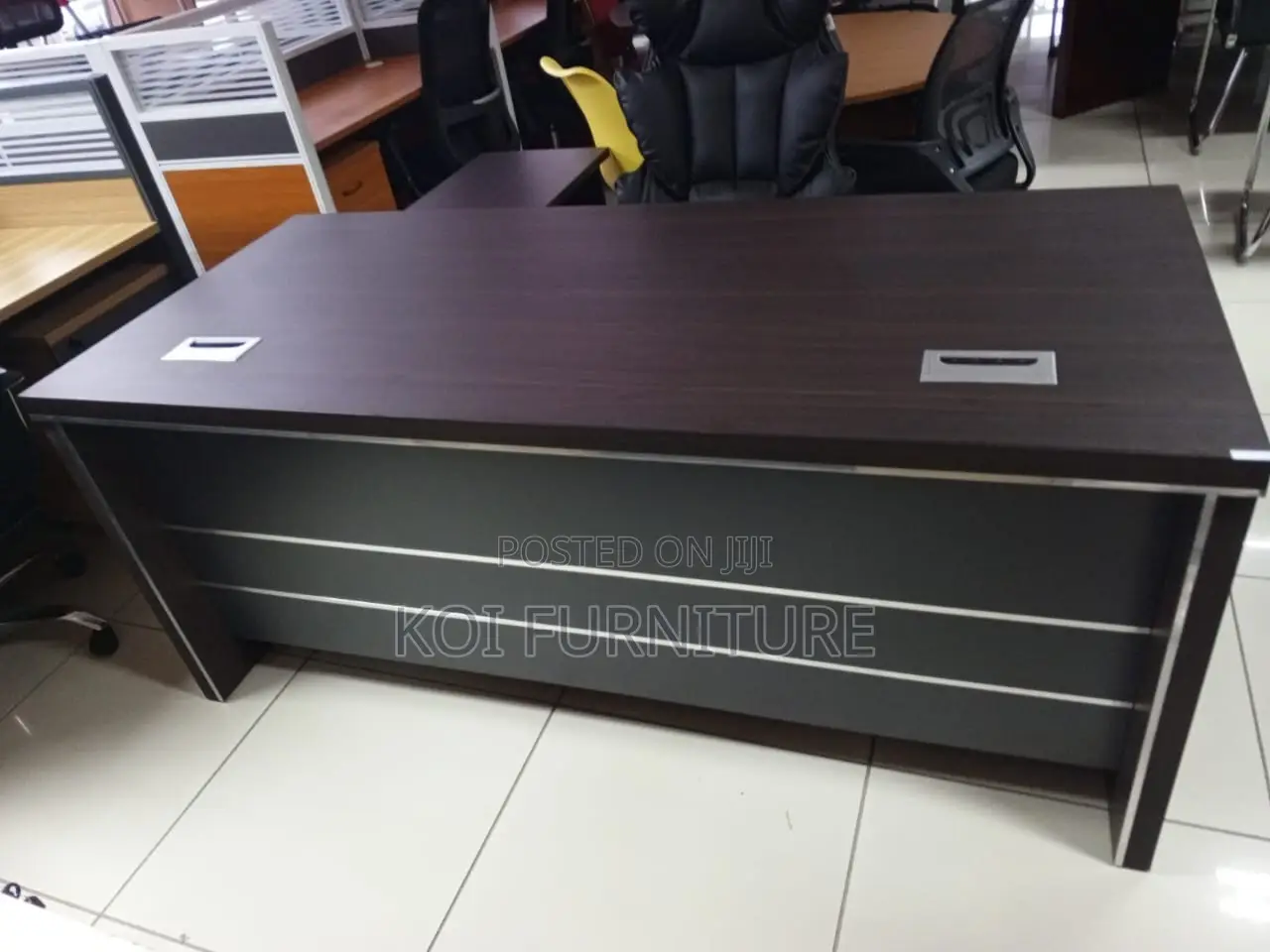 Office Desk : Dark Brown Executive L-Shaped Office Table Silver Accent