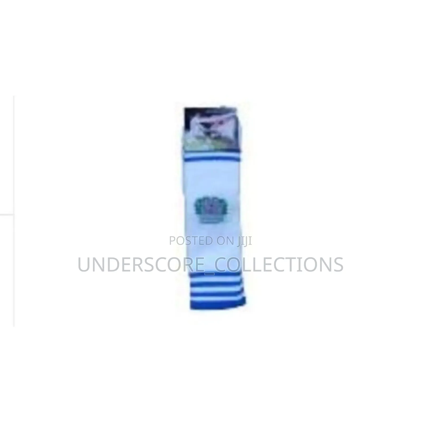 White Knee-High Football Socks With Blue Horizontal Stripes