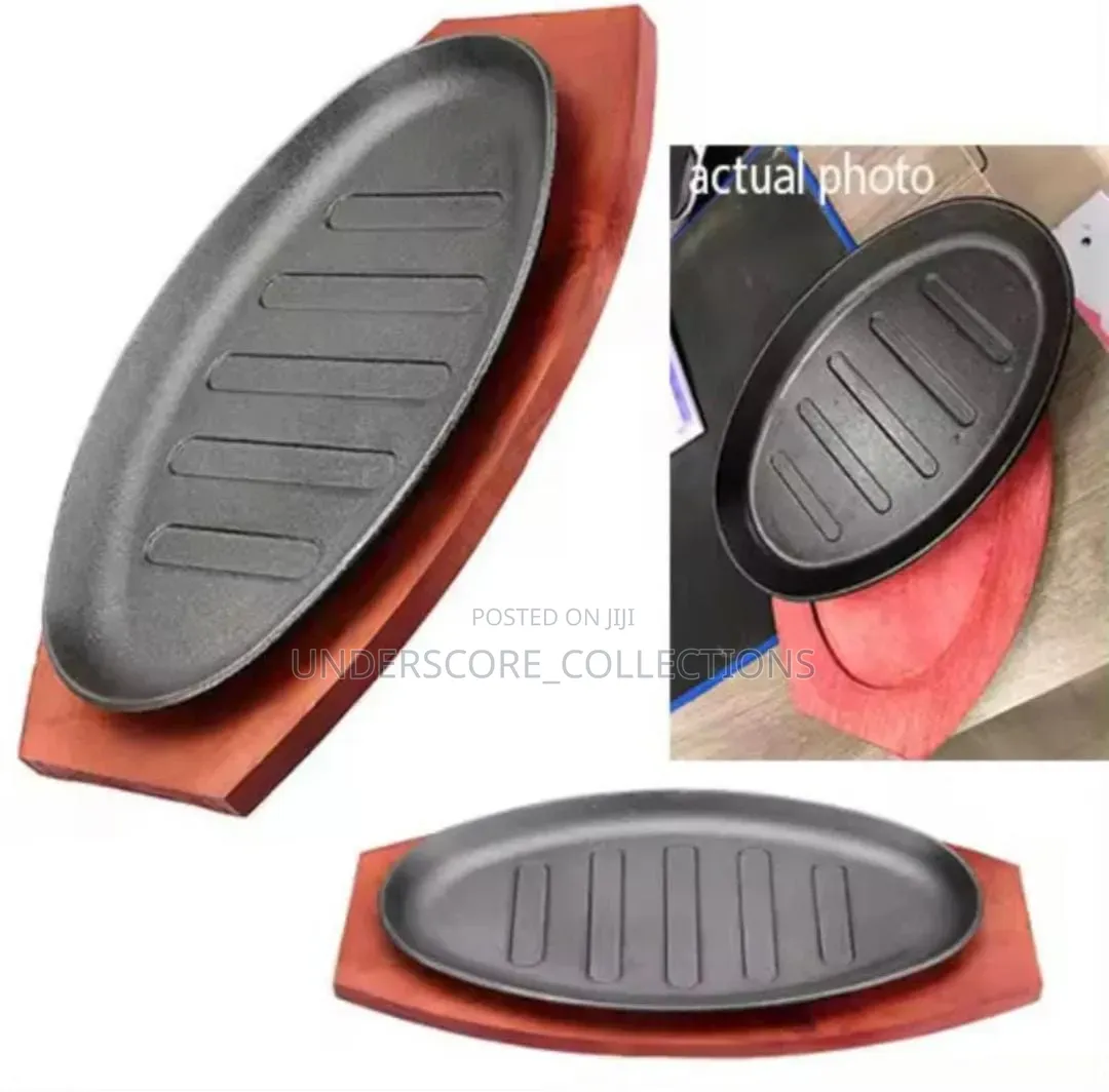 *Cast Iron Hot Sizzling Plate on Wooden Tray- Oval Round Shape*