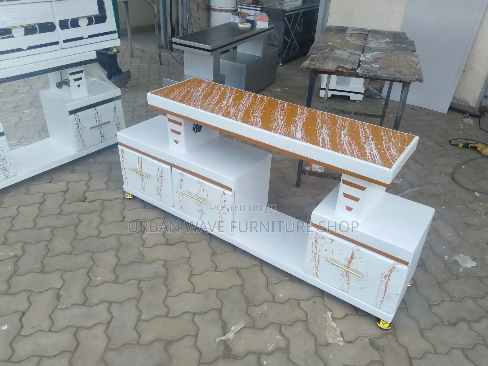 White  Goldish Striped Tv Stand
