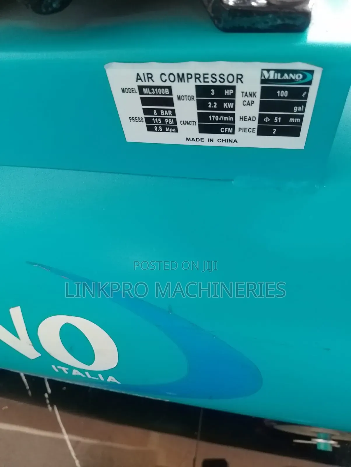 100 Litres Milano Belt Driven Electric Air Compressor, Double Pistons
