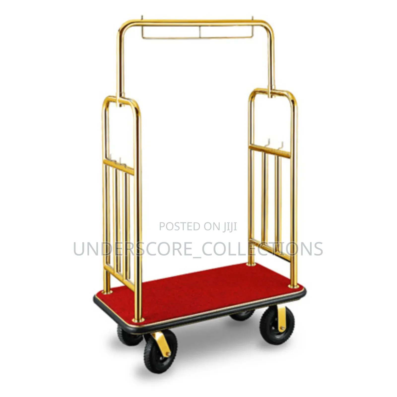 Golden Hotel Luggage Trolley With a Red Carpet Base.