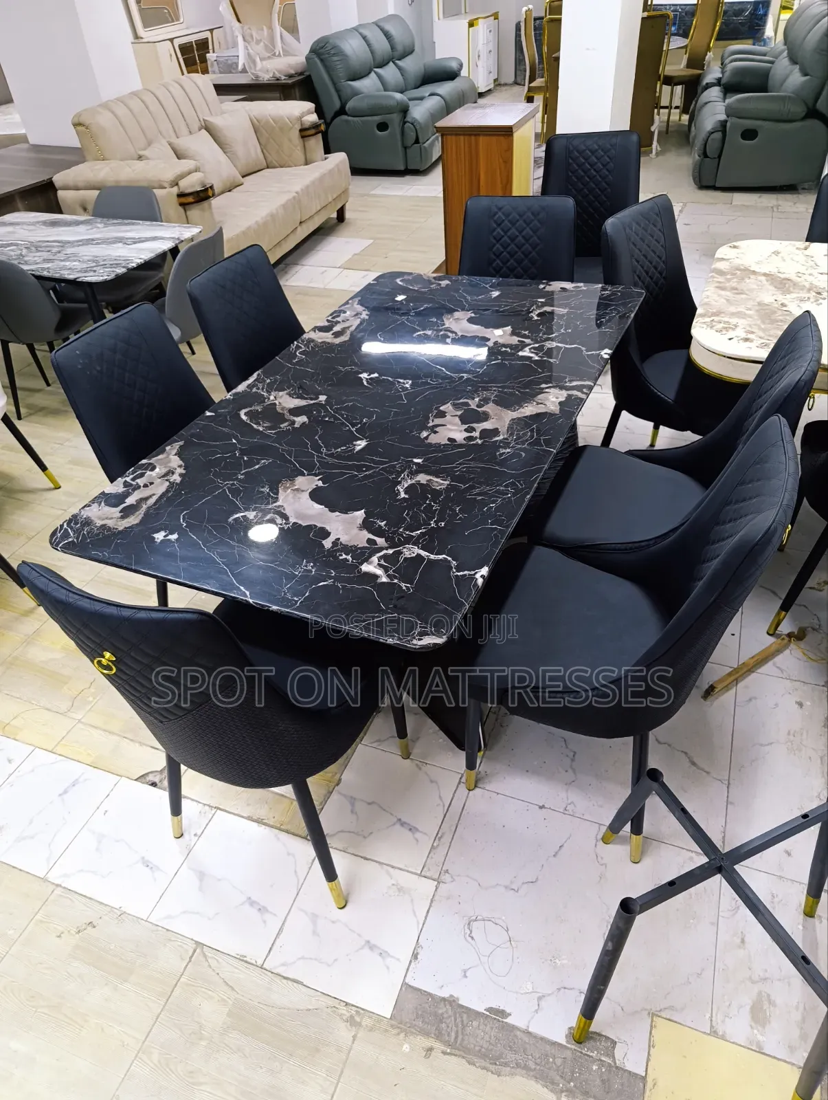 Classic 6-Seater Dining Set With Marble Top Table and Leather Chairs