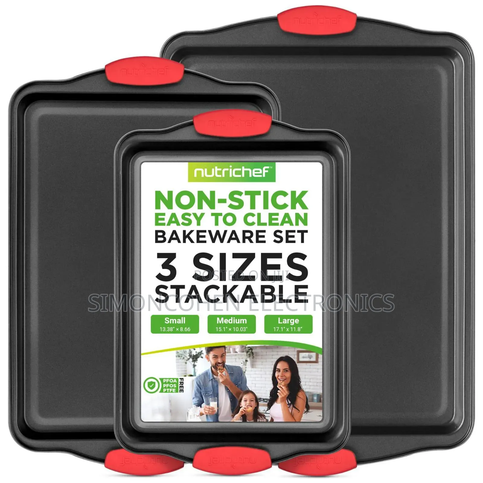 Nutrichef 3pc Non-Stick Baking Pan Set With Red Silicone Handles