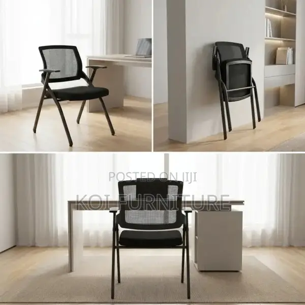 Office Chair:Foldable Mesh Training Chair-Black Cushioned Seat Arms