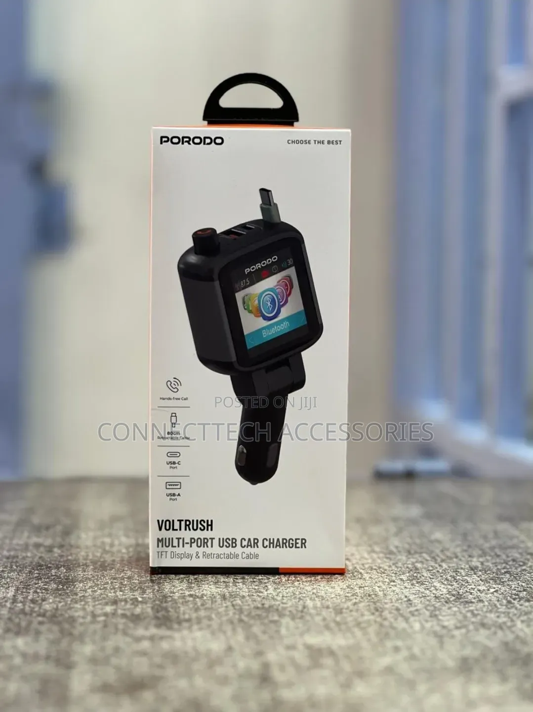 Porodo Voltrush Multi-Port Usb Car Charger With TFT Display Cable