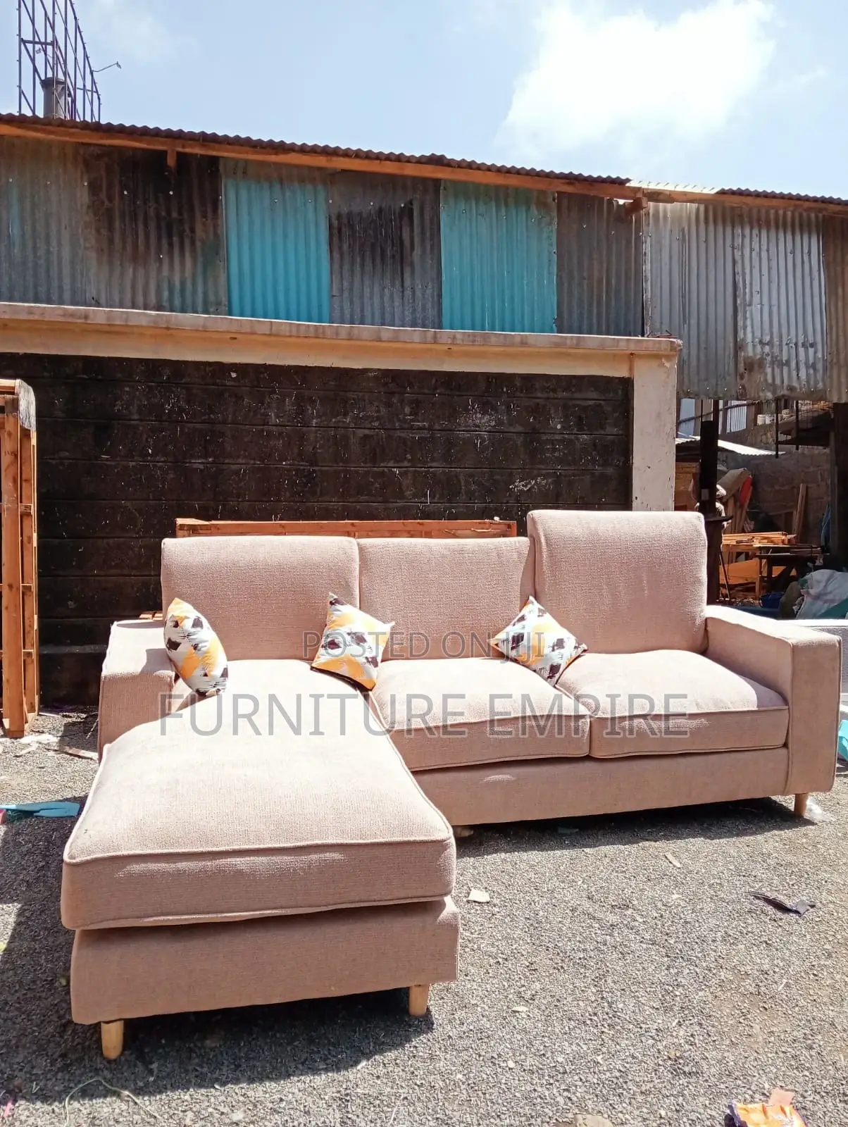 Beige L-Shaped Sectional Sofa With Chaise Decorative Pillows