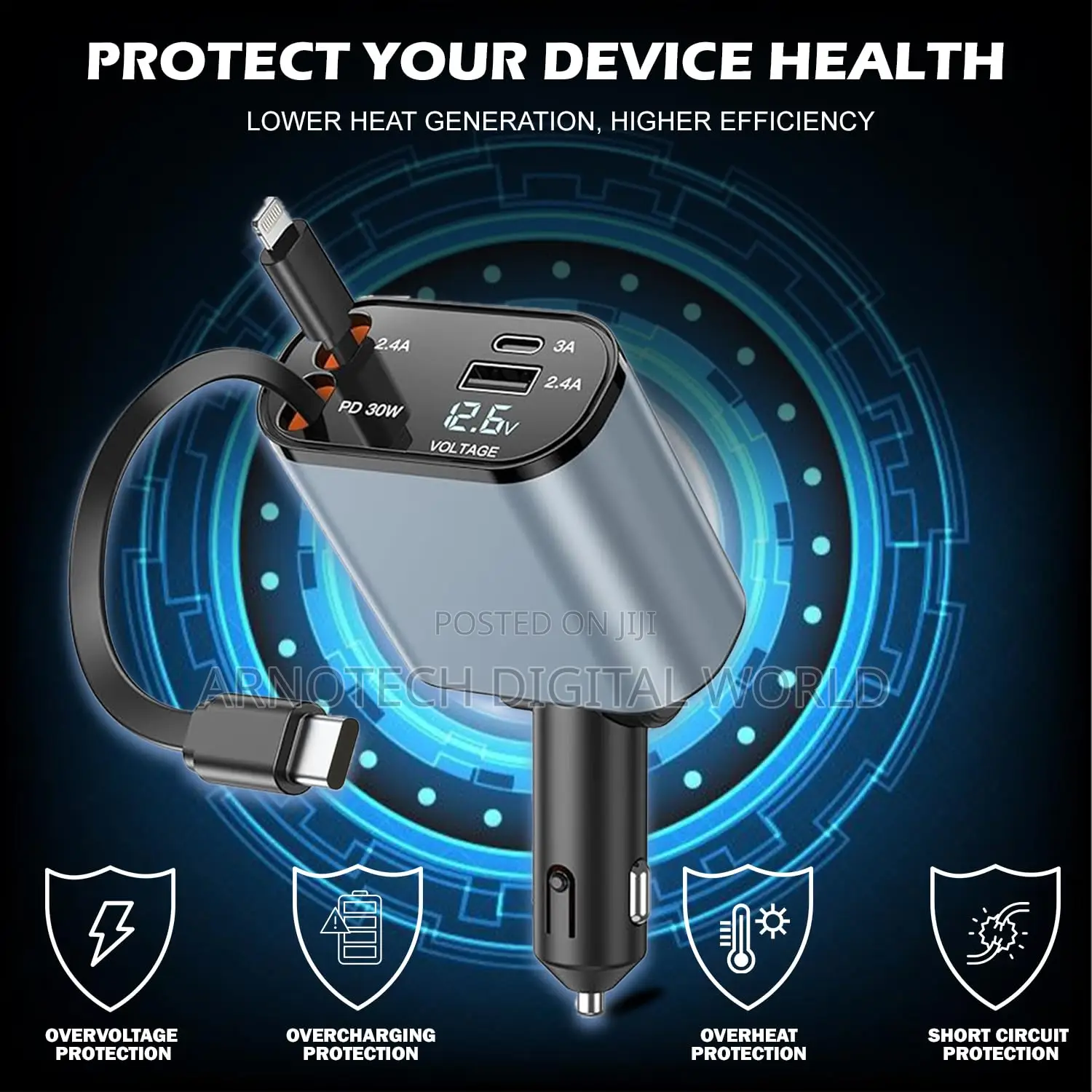 120w Universal Retractable Car Charging Adapter With Cable