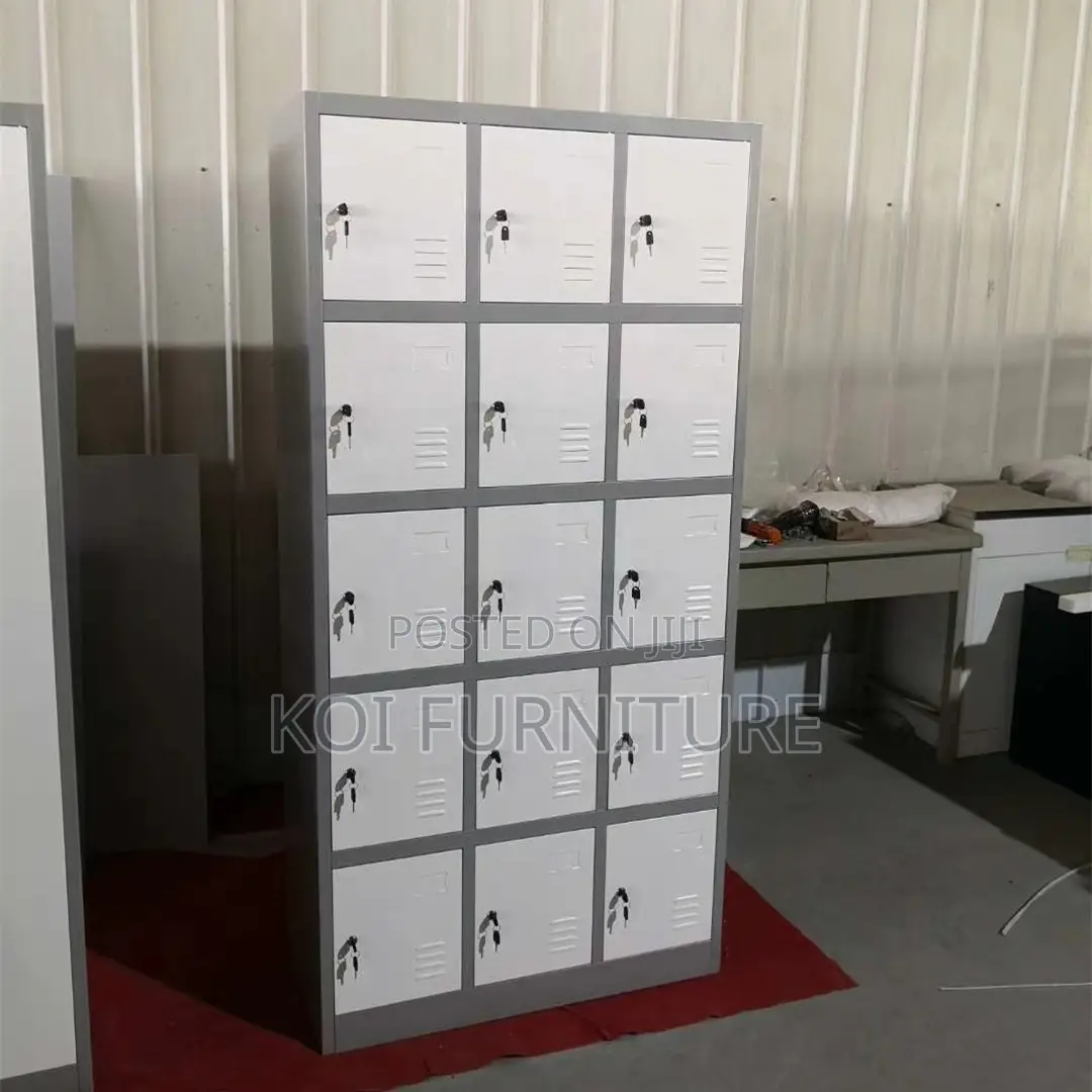 Office Cabinet : 15-Door Steel Locker Cabinet With a Grey Finish