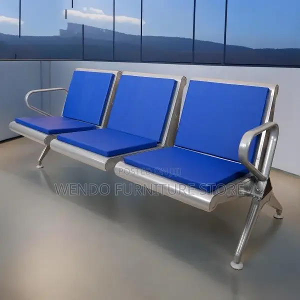 Office Bench; Three Seaters Leather Office Bench With Metallic Frame