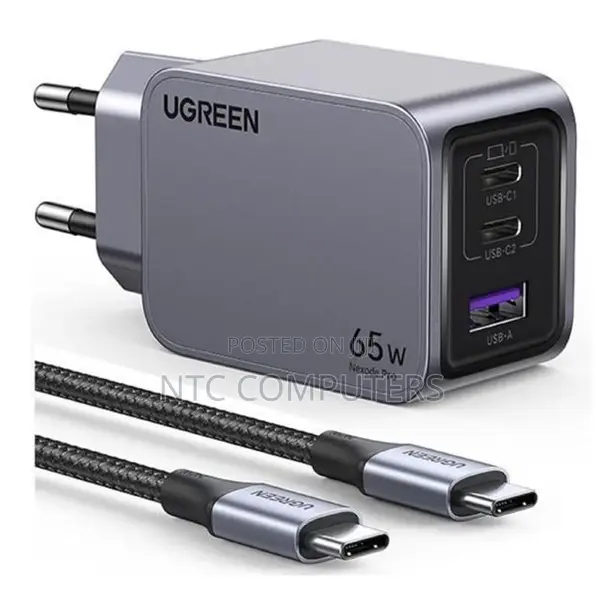 Ugreen Nexode Pro 65w 3-Port Gan Fast Charger Uk Grey+1.5m 100w Cable