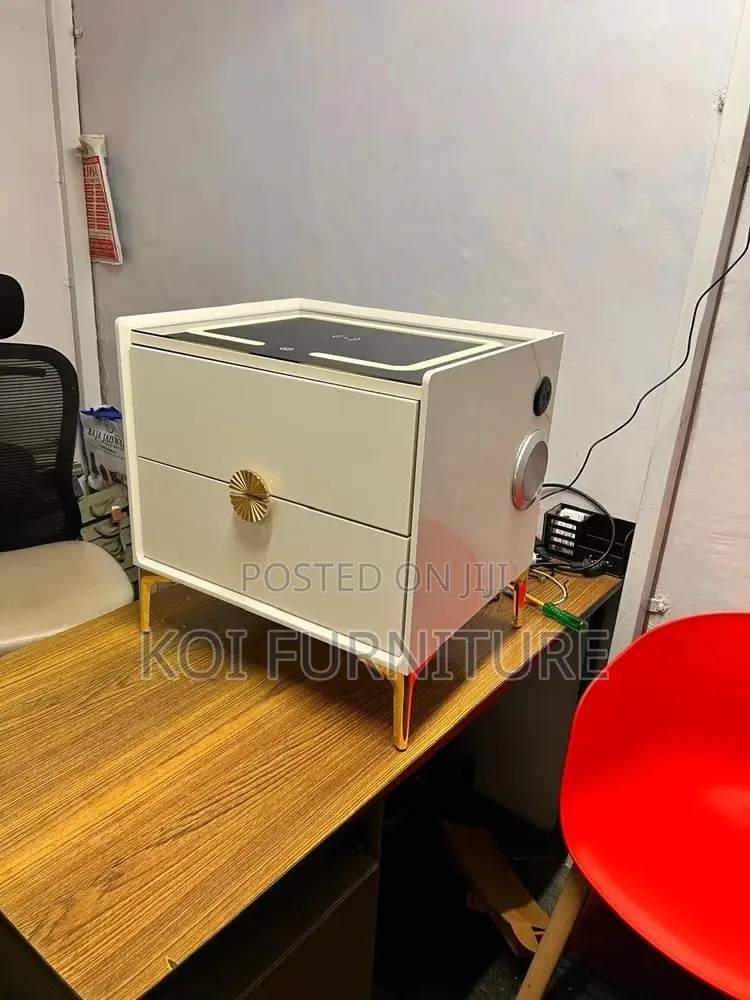 Cabinet: Modern White and Gold Smart Nightstand With Wireless Charging