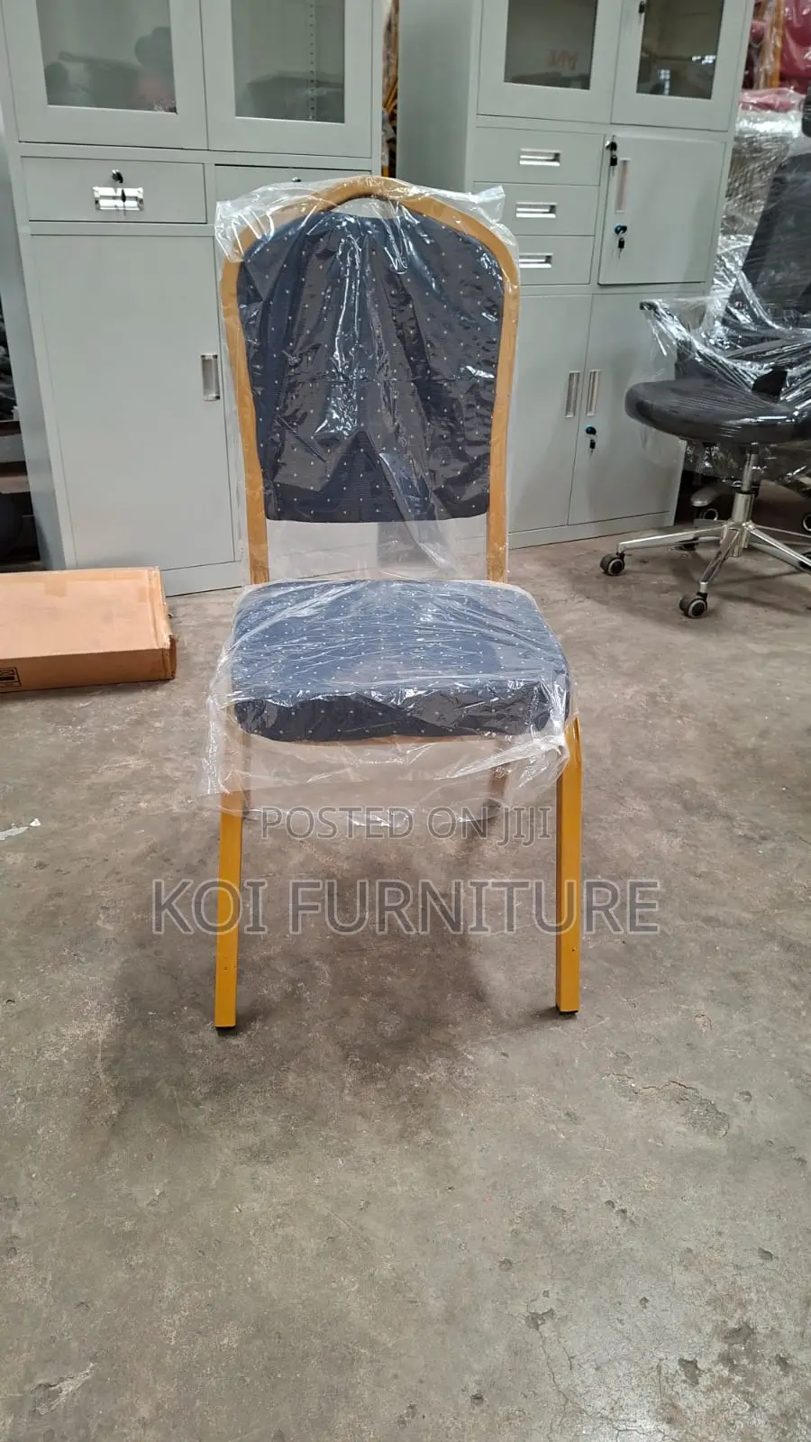 Office Chair : Blue Upholstered Banquet Chair With Gold Aluminum Frame
