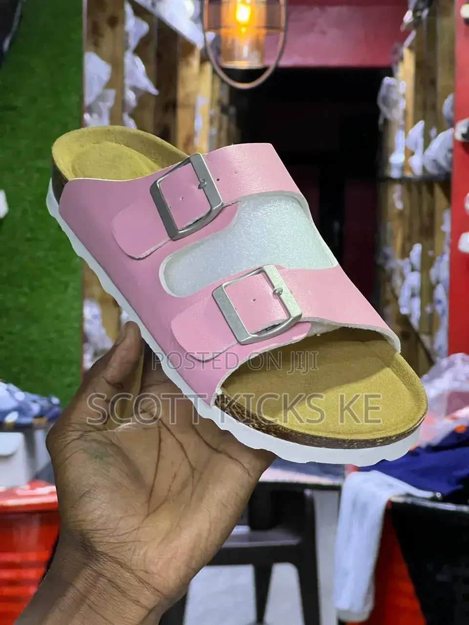Buckle Leather Cork Sandals “Pink”