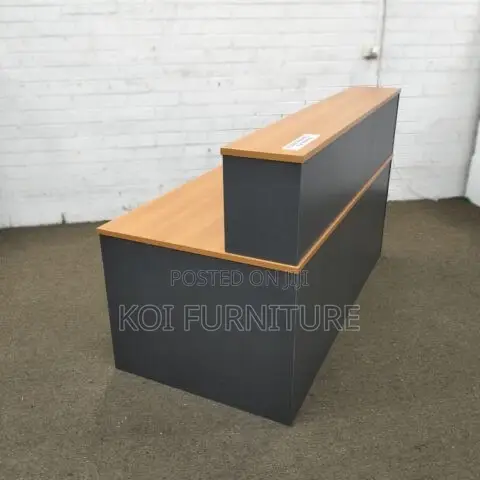 Office Desk : 2.4m Cherry Reception Desk With a Dark Grey Panel