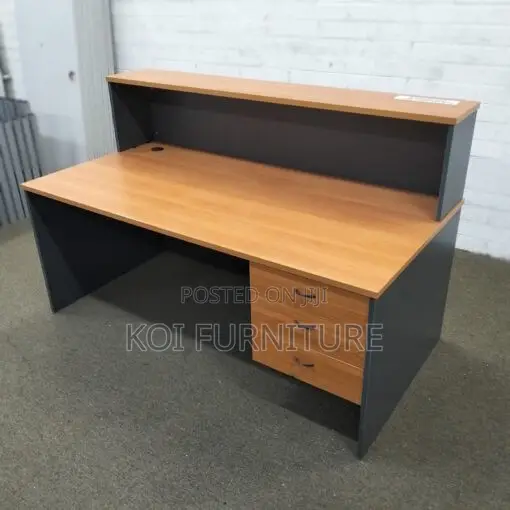 Office Desk : 2.4m Cherry Reception Desk With a Dark Grey Panel