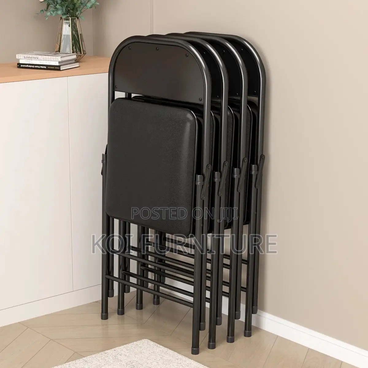 Office Chair : Black Padded Metal Folding Chair