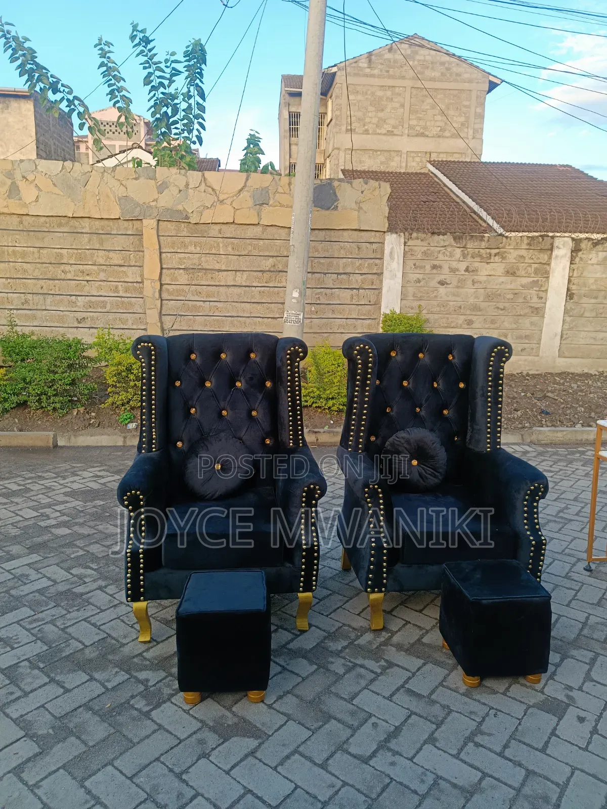 2 Black and Gold Pedicure Seats, Plus 2 Stools