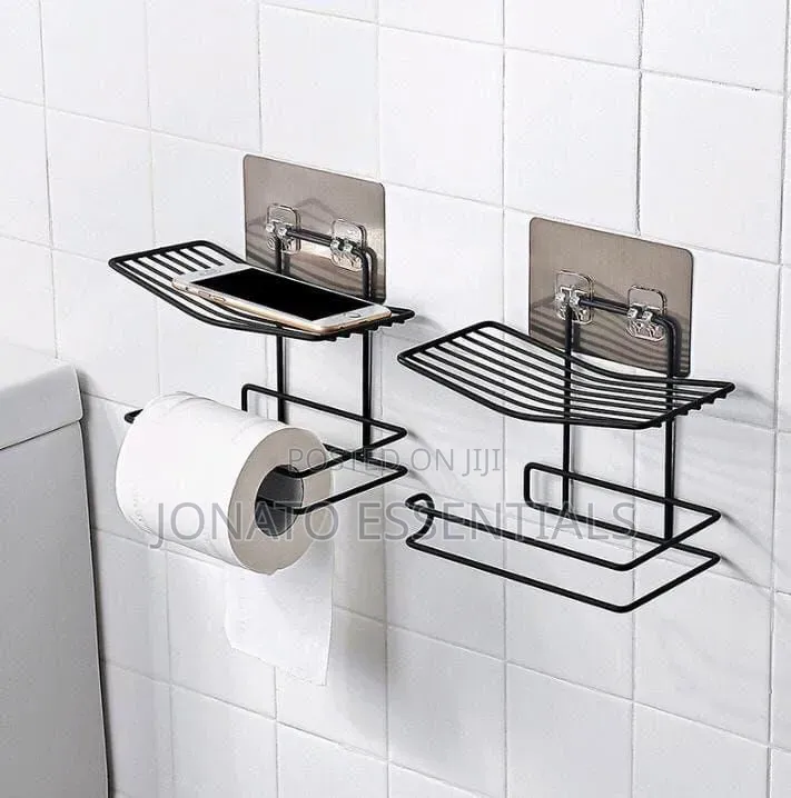 Adhesive Toilet Paper Holder With Phone Shelf Bathroom Rack