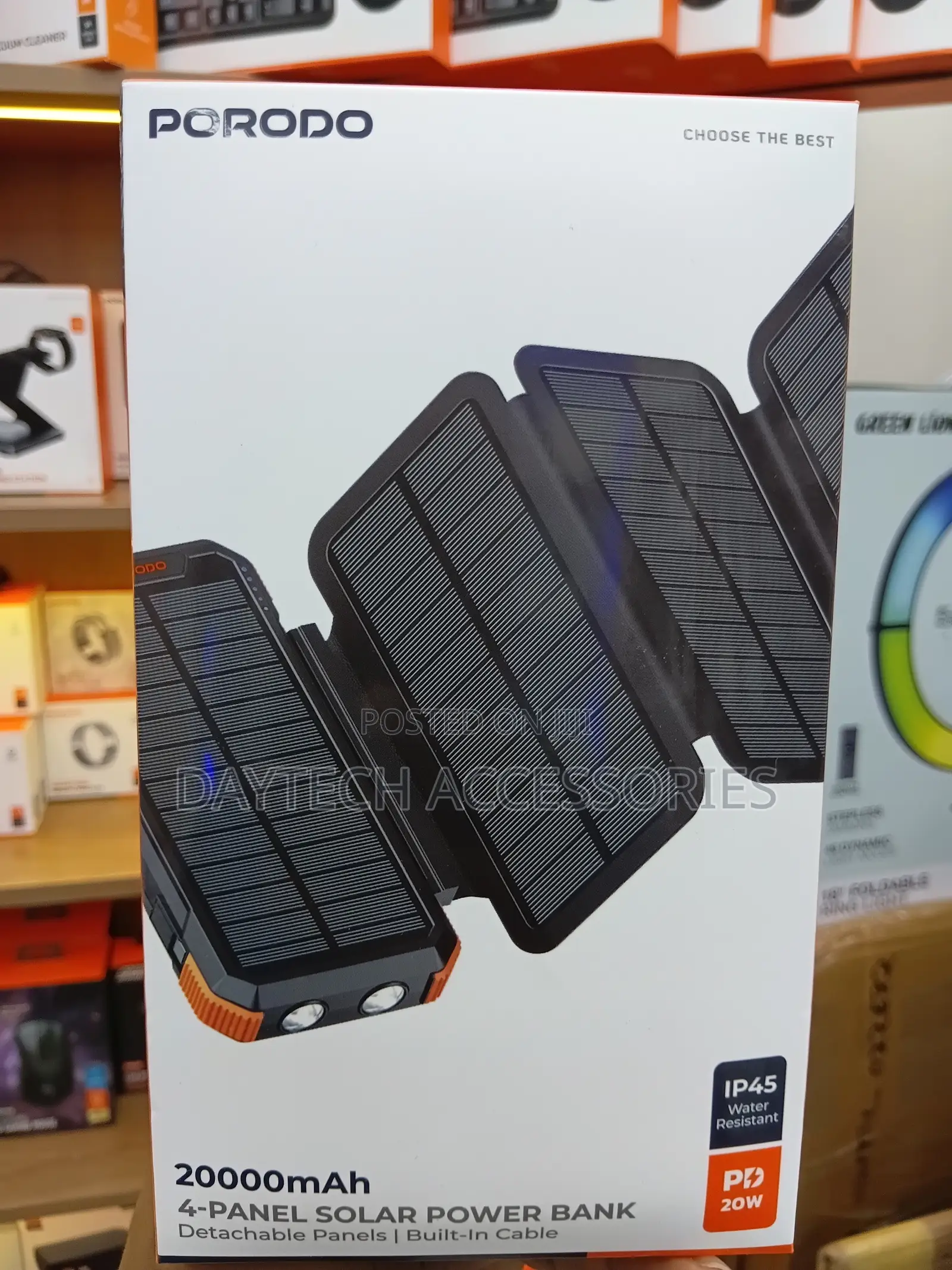 This Is a Porodo 20,000mah 4-Panel Solar Power Bank in Black.